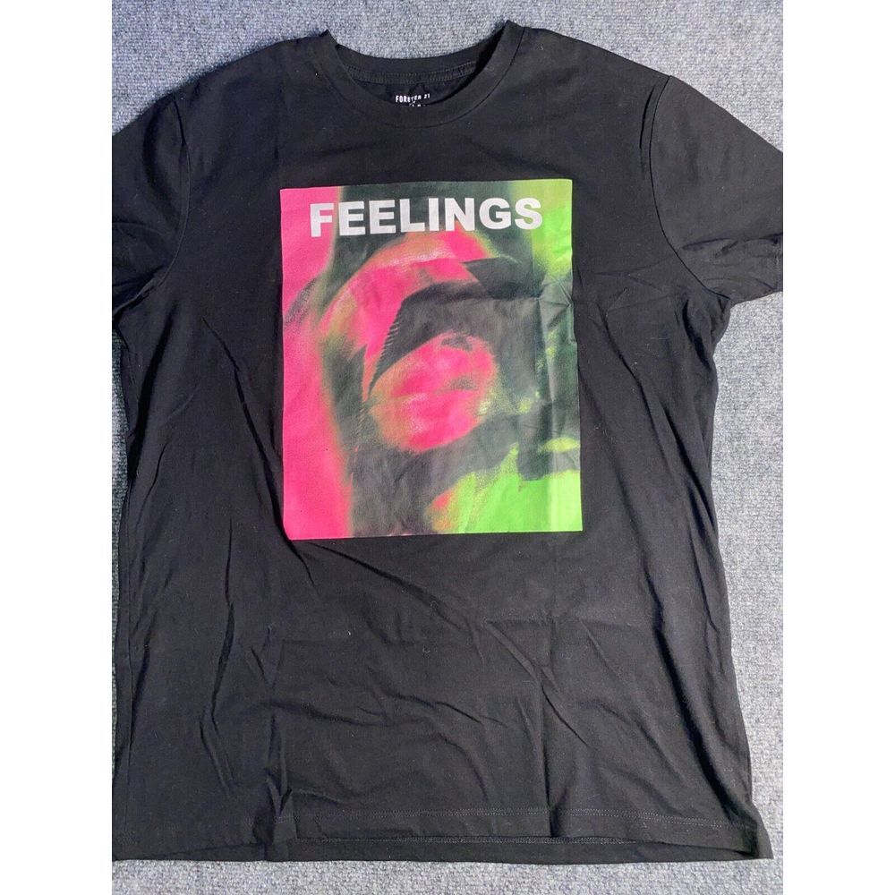 FOREVER 21 T Shirt Men Large Black Knit Feelings Short Sleeve Crew Neck Pullover